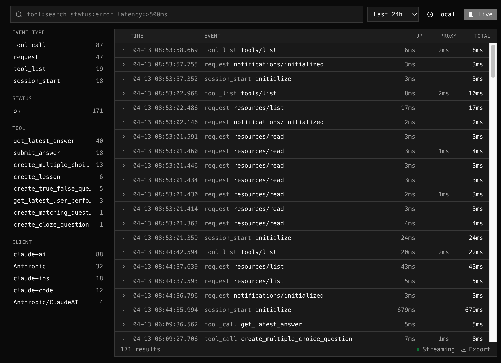 Logs tab with query bar, facet sidebar, and log stream