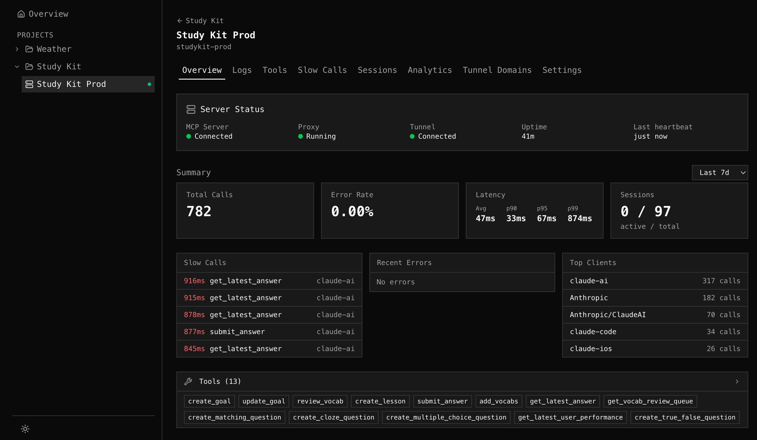 mcpr Cloud dashboard — tool health, latency percentiles, client breakdown