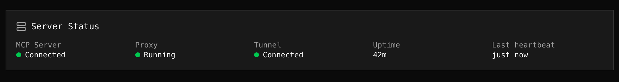 Server status card with MCP connection, proxy, tunnel, and server info