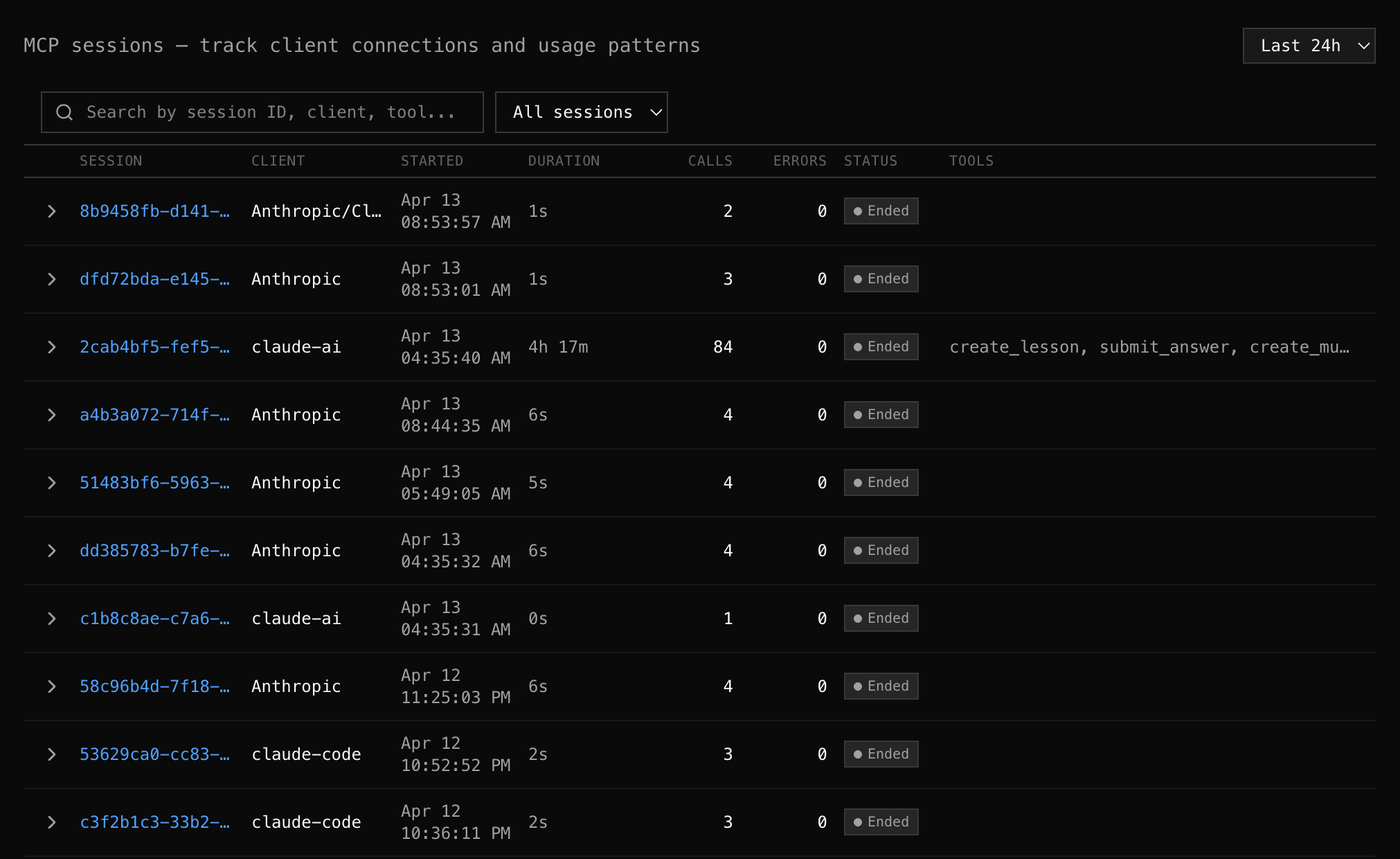Sessions table with expanded session showing event timeline