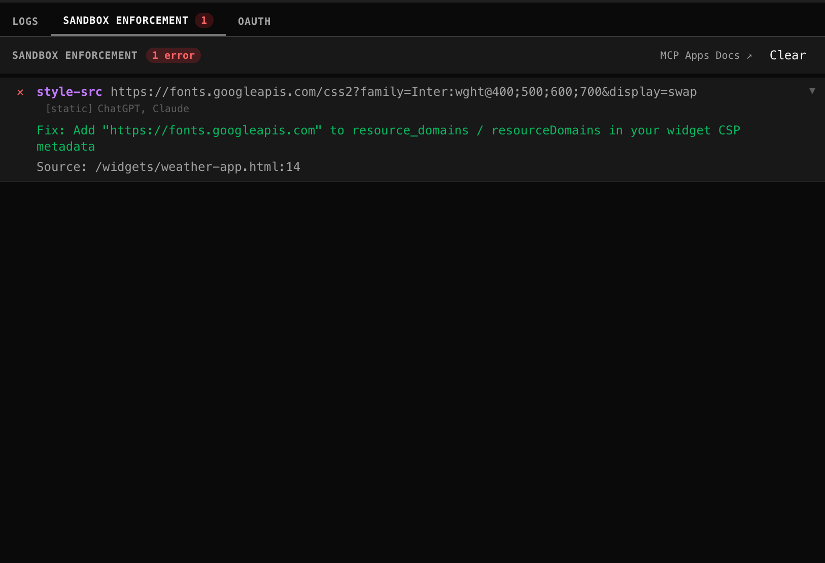 Studio CSP debugger showing blocked resources and fix suggestions