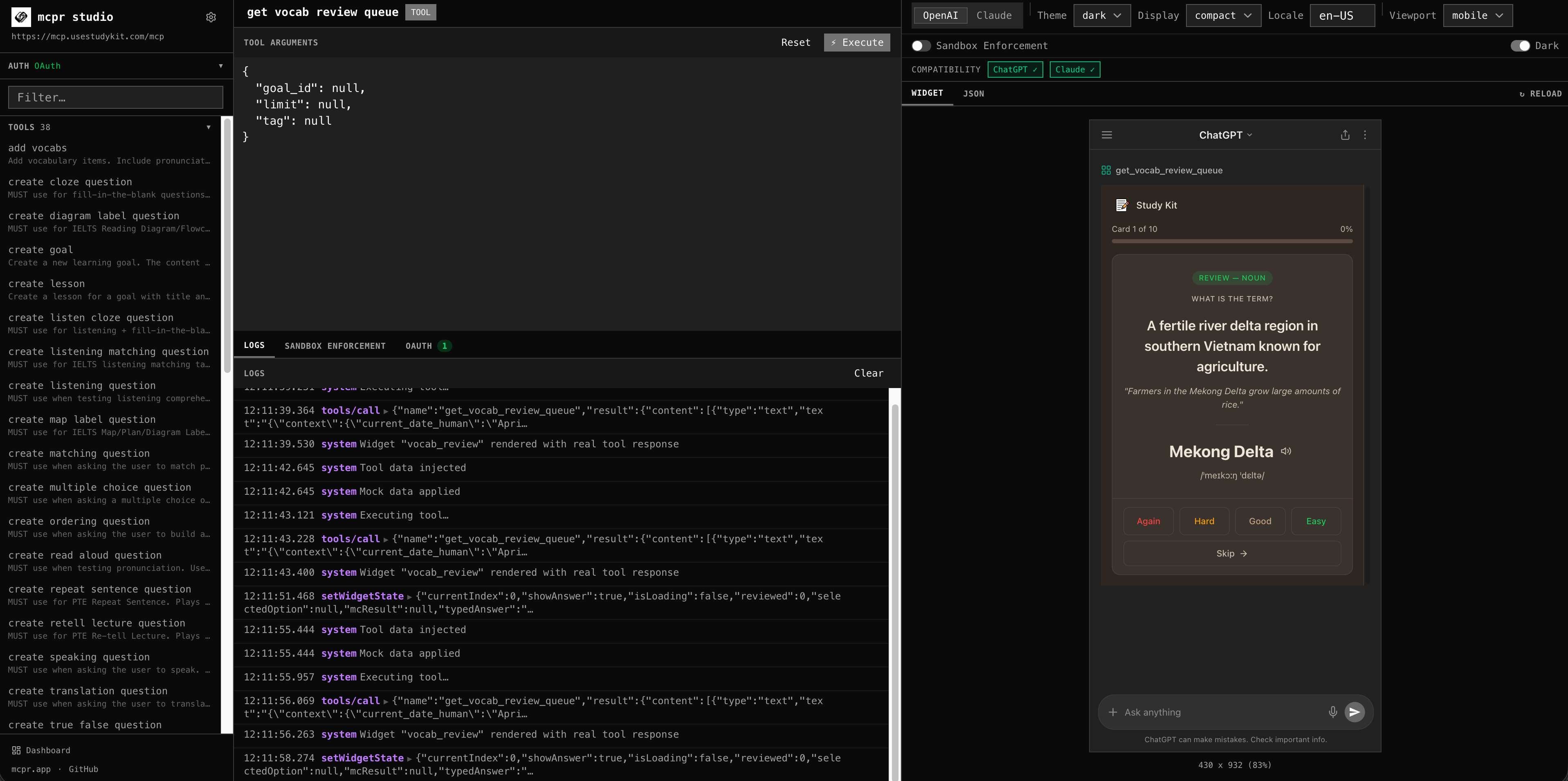 mcpr Studio — call tools, preview widgets, debug CSP