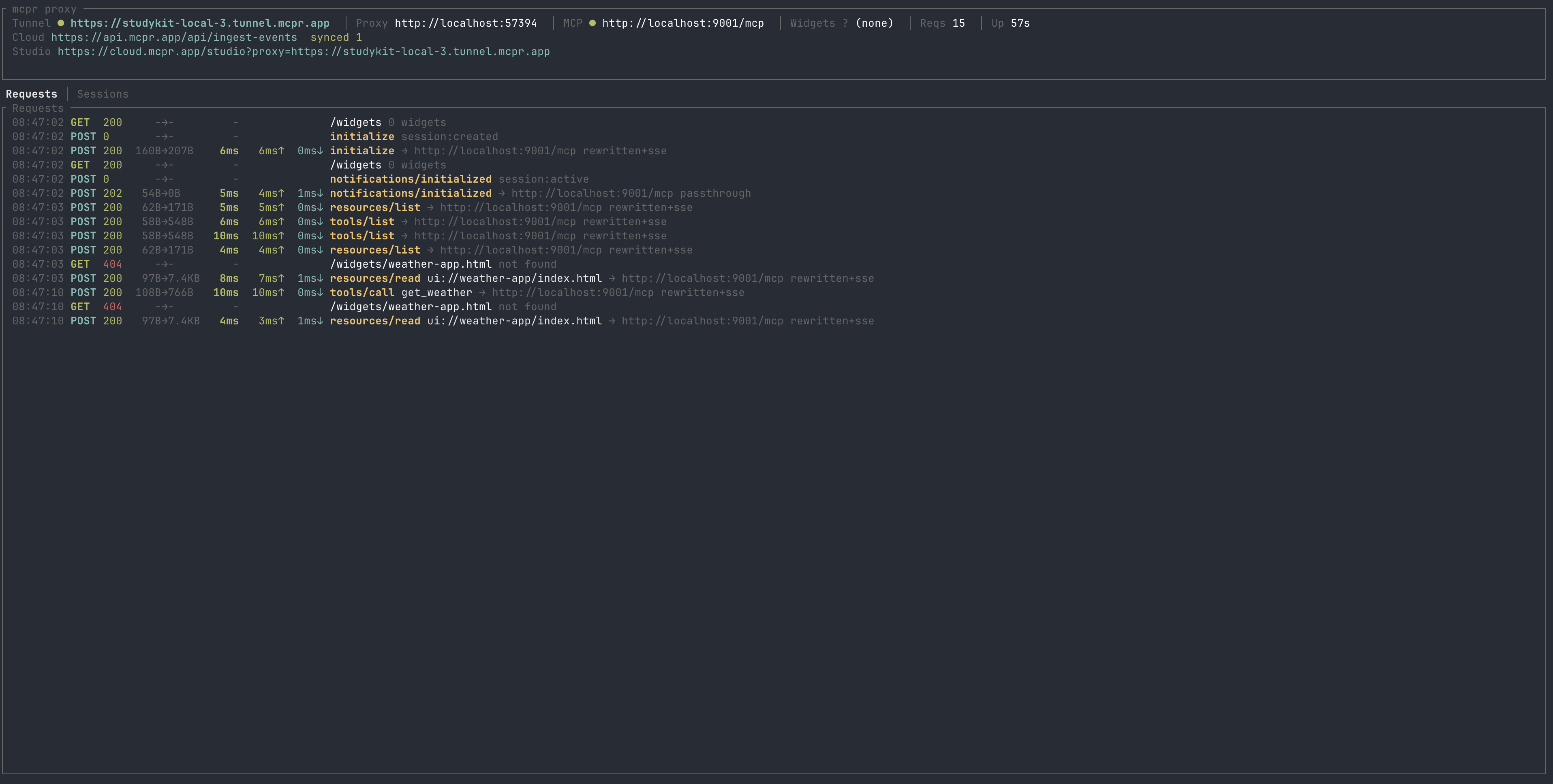 mcpr TUI showing public tunnel URL and live request log